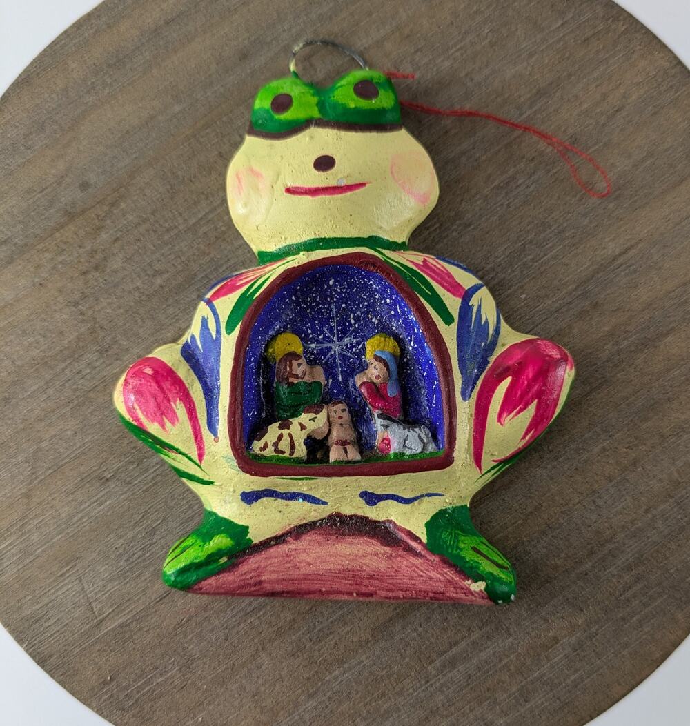Frog Nativity Scene Christmas Ornament Handmade Folk Art Mexican Pottery OOAK